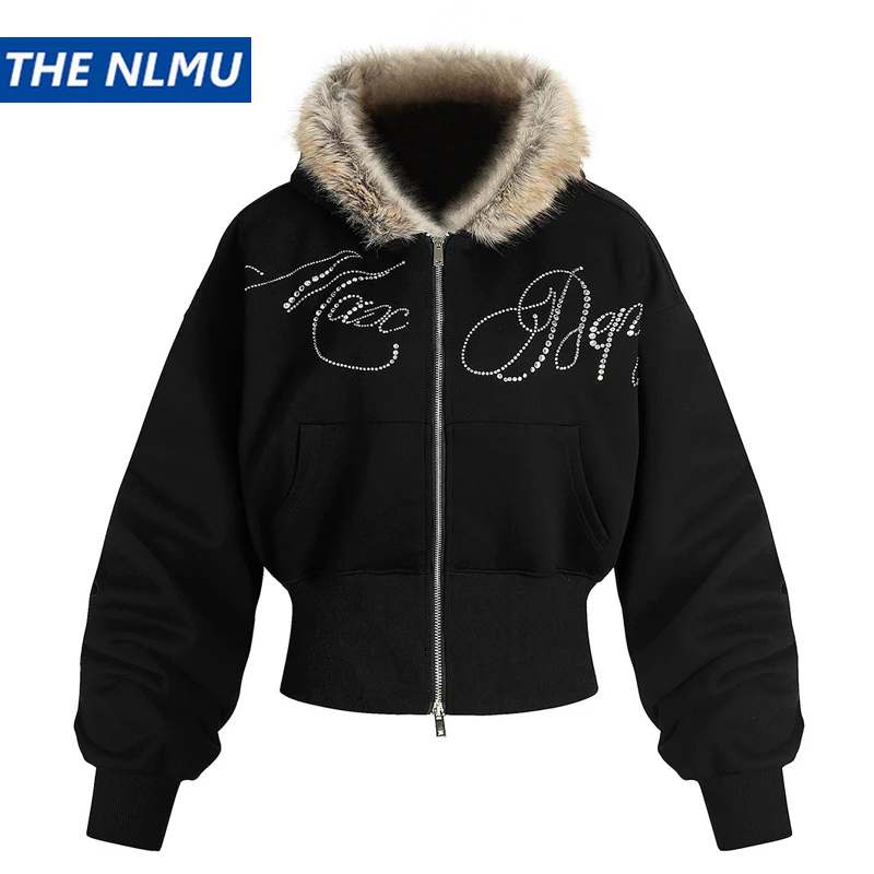 

2025 New Fall Hooded Jacket Women's Faux Fur Cropped Coat High Waist Short Outerwear Y2K Streetwear Zip Up Clothing