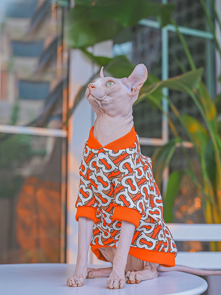 Sphynx Cat Warm Jacket in Winter Hairless Cat Clothes Cotton Baseball Uniform For Devon Rex Orange Cartoon Coat for Kittens