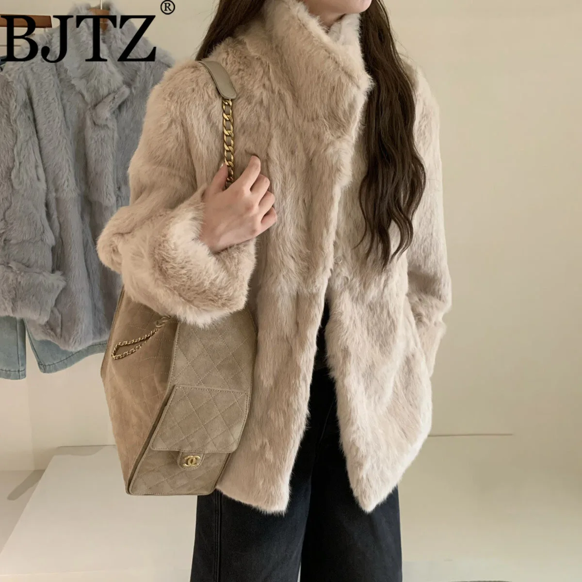 

BJTZ Women’s Rabbit Fur Coat Stand Collar Mid-Length Slim Fit Winter Warm Snap Button Elegant Office Autumn High-End Designer