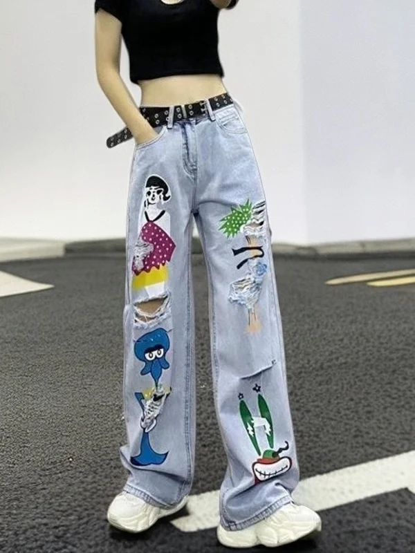 

Trendy Graffiti Print Hole Washed Denim Wide Leg Pants Long Trousers Spring Summer Women's New Style Casual High Waist Jeans
