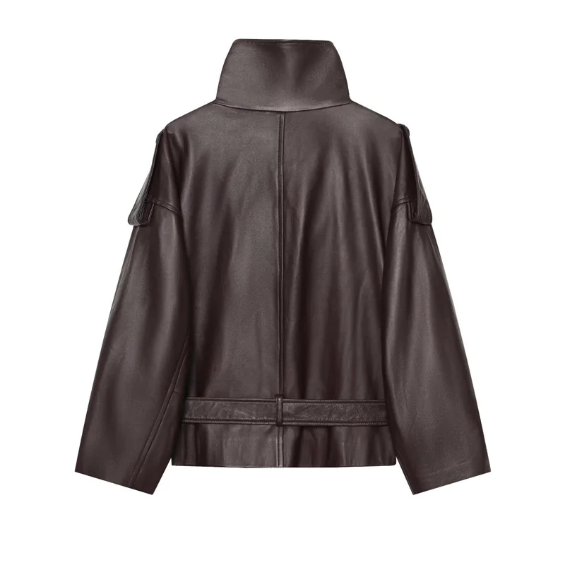 Guobioziy 2026 Women's Jacket Fall/Winter New Arrival Dark Brown Long-Sleeve Stand Collar Tie Faux Leather Loose Biker Parka