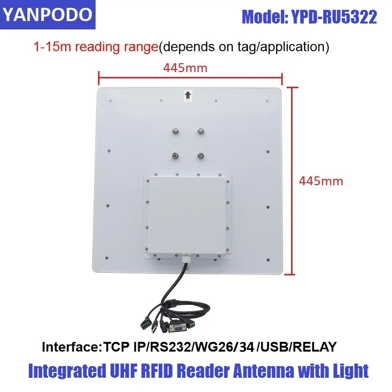 YANPODO  Long range1-15m built-in 12dbi Antenna RS232 Relay USB TCP IP Integrated UHF RFID Reader with Light for Access Control