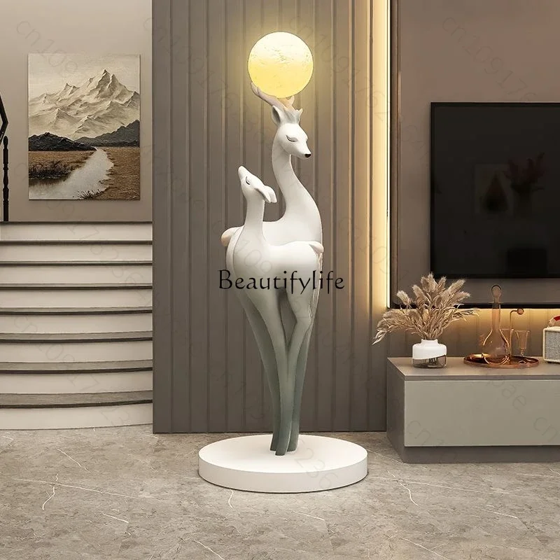 03.Large Deer Floor Sculpture with LED Night Light Luxury Reindeer Art Statue for Living Room Home Decor Standing Floor Ornament