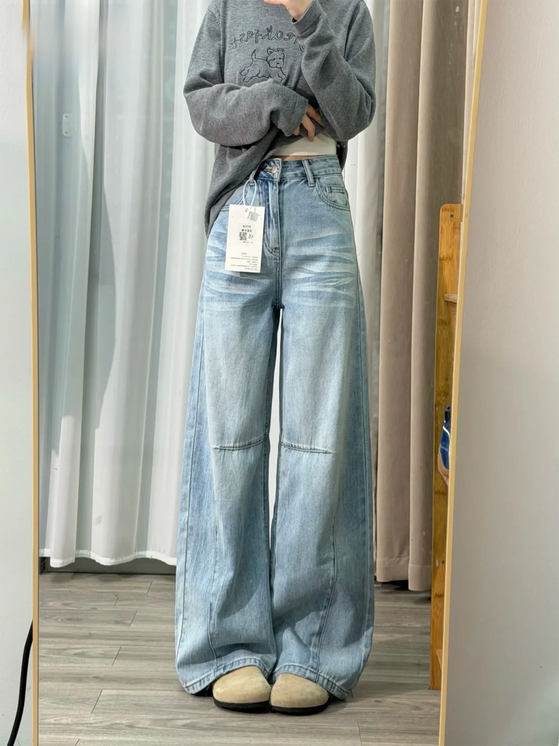 

Светло-голубые женские джинсы в американском винтажном стиле с широкими штанинами, свободного кроя, летние, с дырками, с высокой талией, прямые, повседневные, весенние