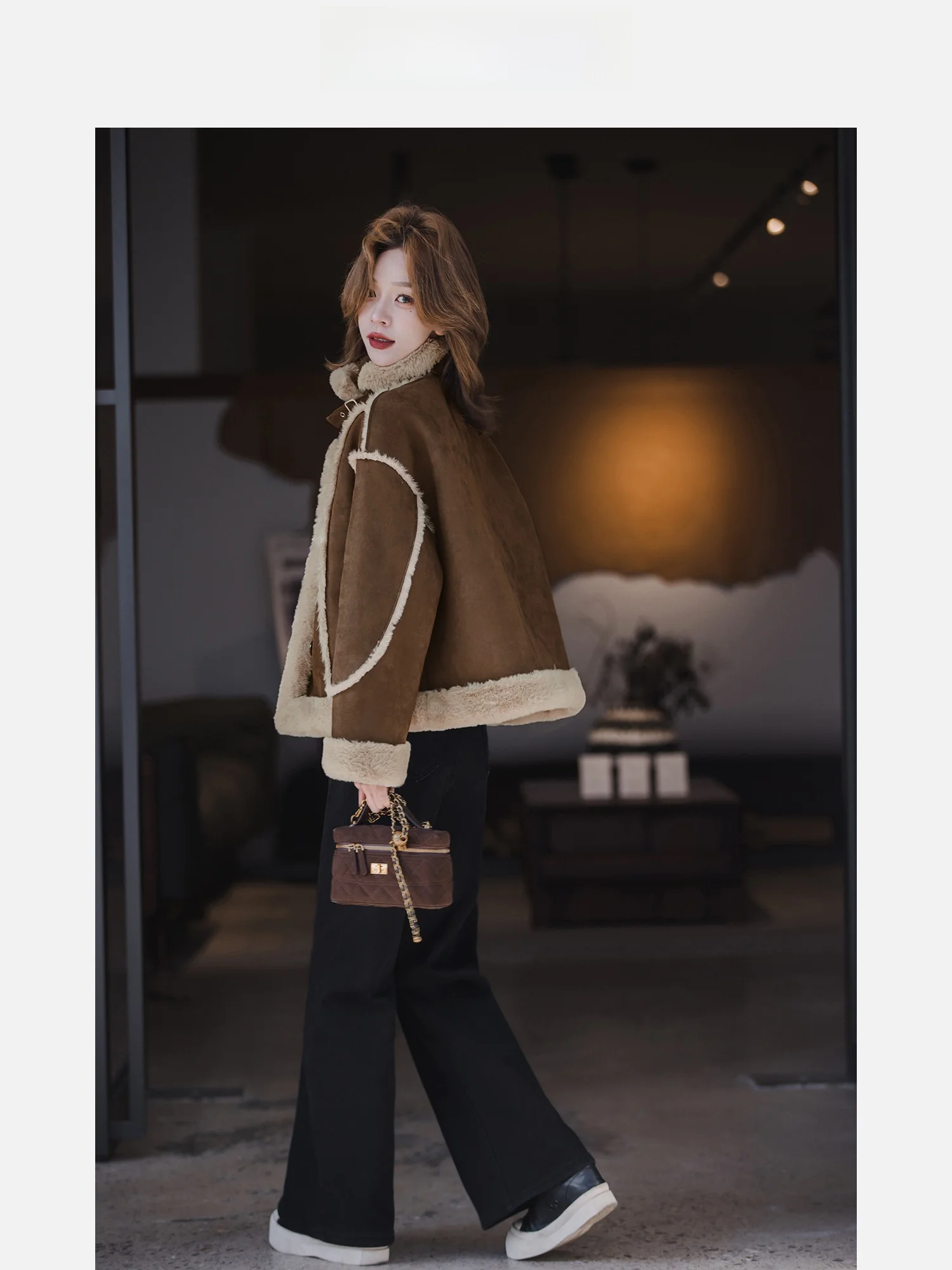 Pastoral Sle ort Coat Women's Autumn Winter New Faion Color Blo Faux Leather Fur Inteated Jaet American Sle Pol...