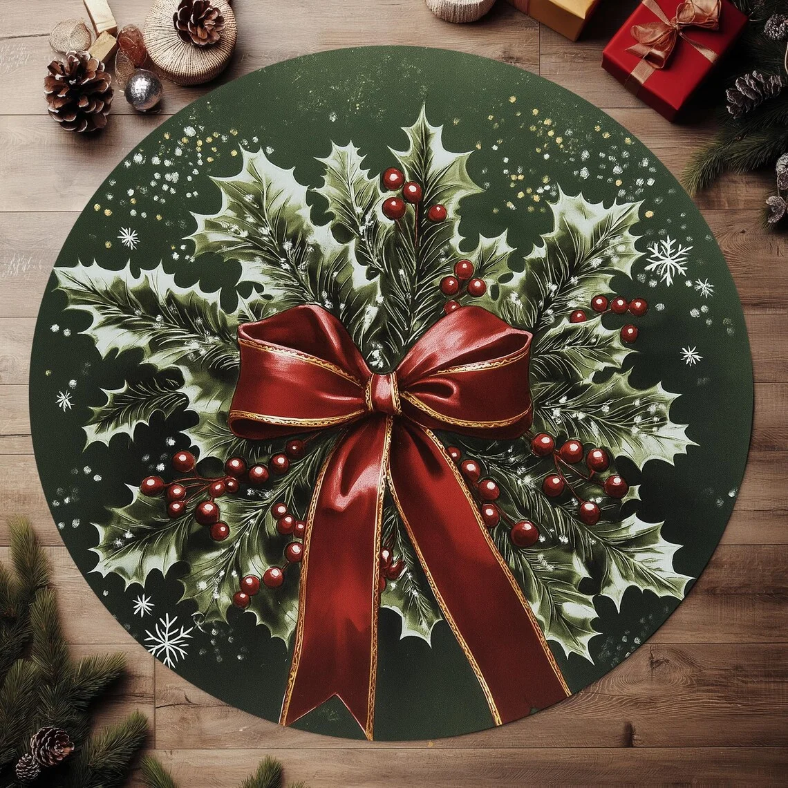 

Festive Holly Berries Round Christmas Rug – Washable Non-Slip Floor Mat for Bedroom, Bathroom & Holiday Home Decor