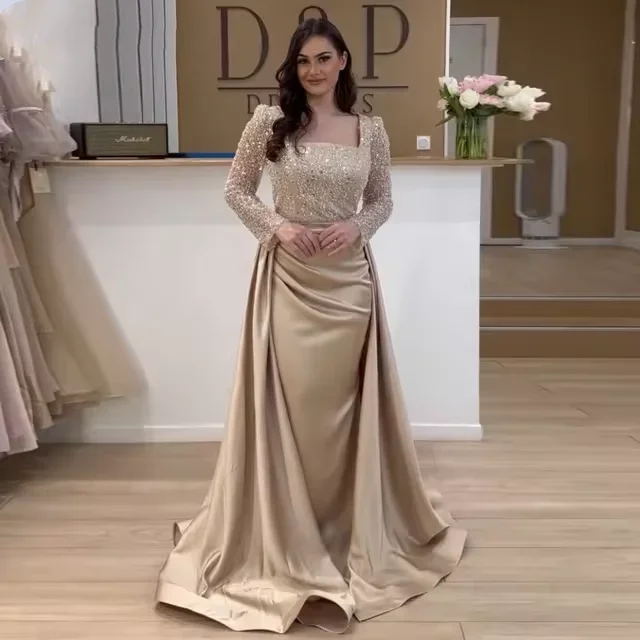 Flavinke Customized Robes De soirée Evening Dresses with Detachable Skirt Sequined Long Sleeves Mermaid Prom Wedding Party Gown