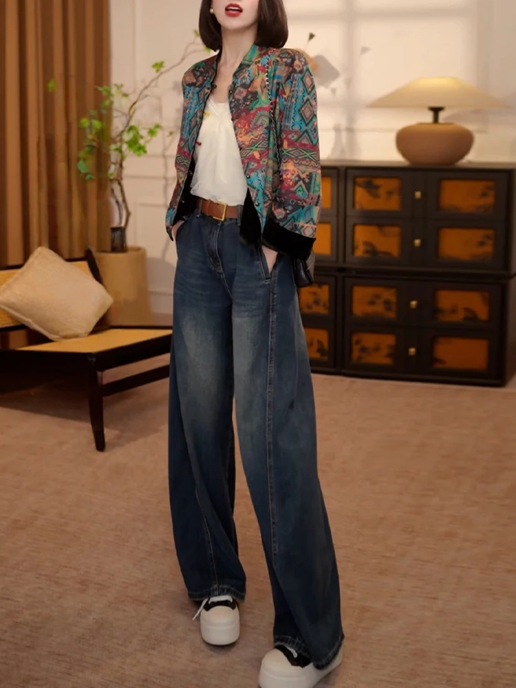 

Двусторонний джинсовый комплект с высокой талией: новый модный китайский стиль, повседневный свободный крой, дышащий, из двух предметов