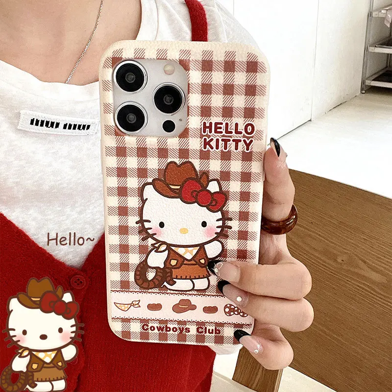 

New Plaid Cartoon Hello Kitty Phone Case for iPhone 16 Pro Max iPhone 15 Pro 14 13 12 Cute Full Coverage Phone Protective Cover