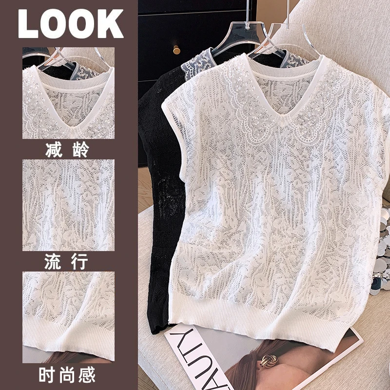 2024 Summer Lace Vests Women Elegant Stylish Fashion Chic Tops Pullovers V-neck Ladies Women\'s Jumpers Knitwear Femme