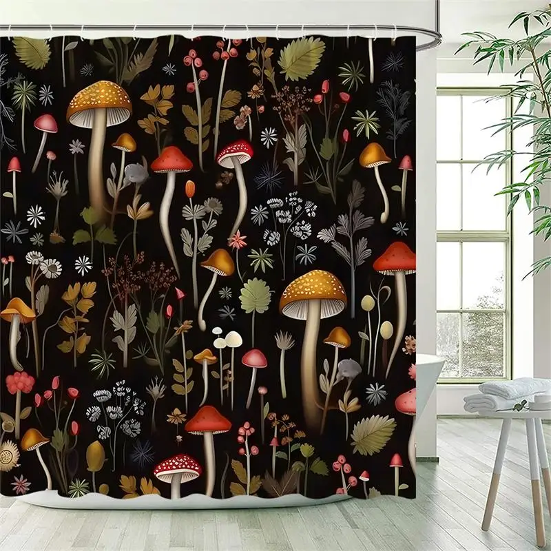 Vintage Mushroom Shower Curtain Funny Animals Squirrel Owl Rabbit Forest Flowers Plant Black Bath Curtains Fabric Bathroom Decor