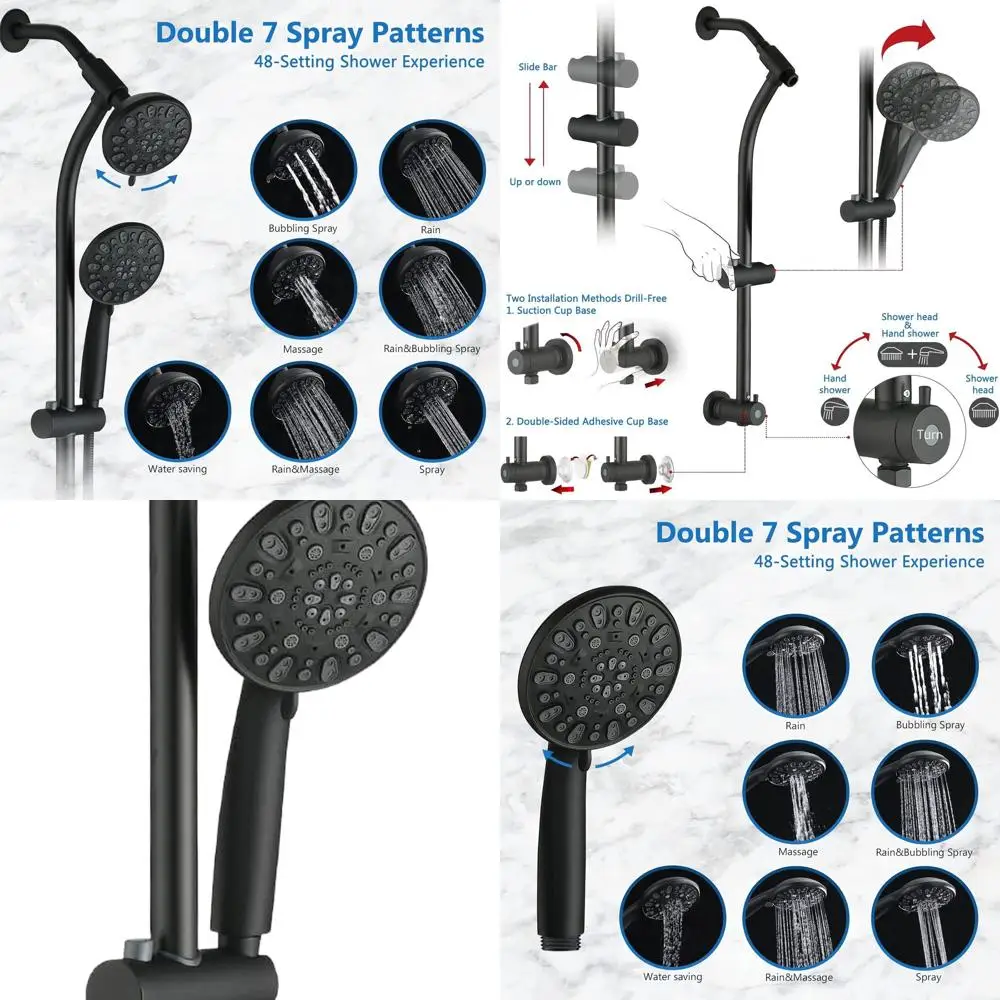 

Adjustable Height Matte Black Shower Head Combo with 48-Settings and Handheld, Easy Install 3-Way Diverter