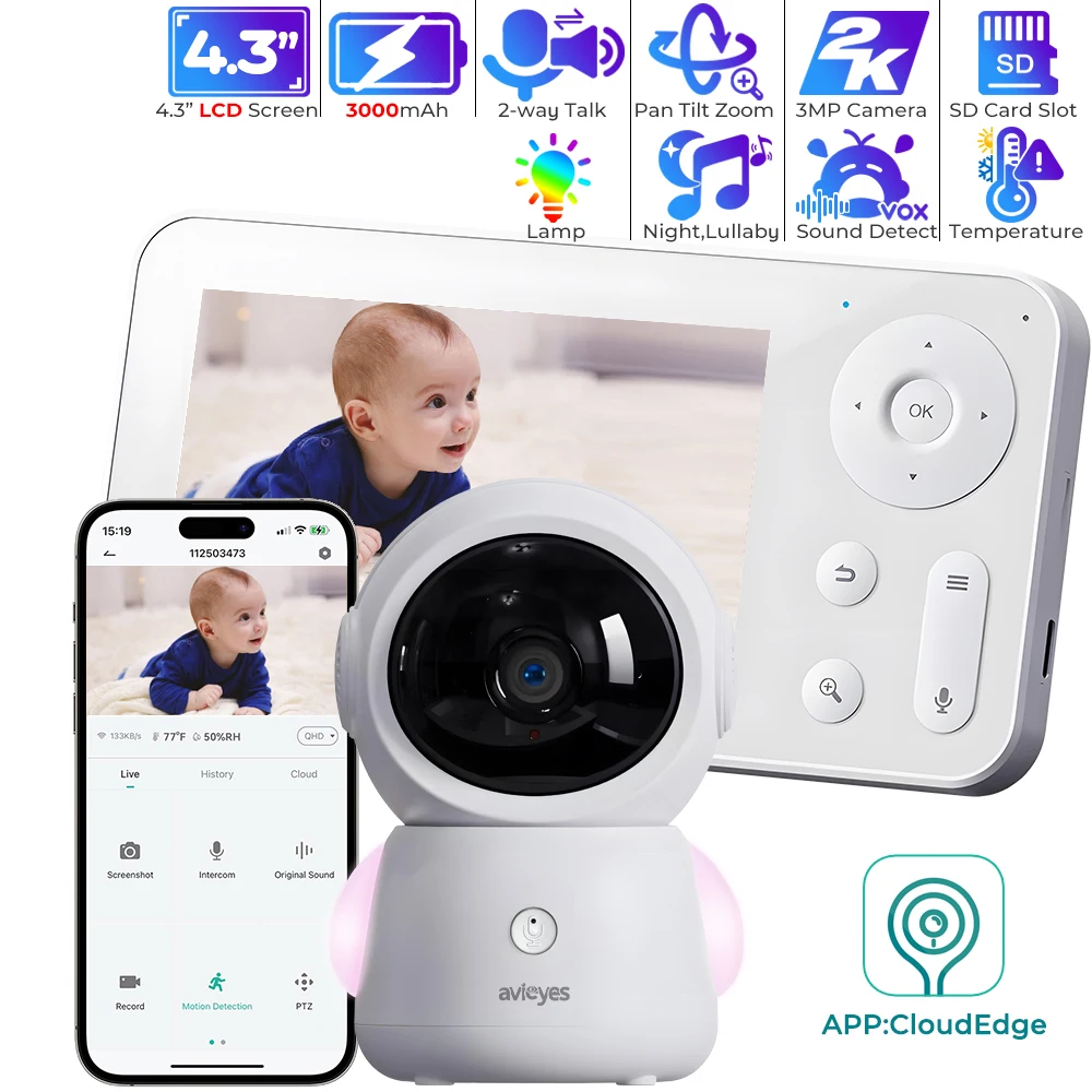 4.3" جهاز مراقبة الطفل واي فاي 2K 3MP هاتف الطفل عبر الشاشة والتحكم في التطبيقات تسجيل وتشغيل الفيديو مستشعر الحرارة والرطوبة الرؤية الليلية صوت ثنائي الاتجاه كشف الحركة والصوت تعقب تلقائي RGB ضوء