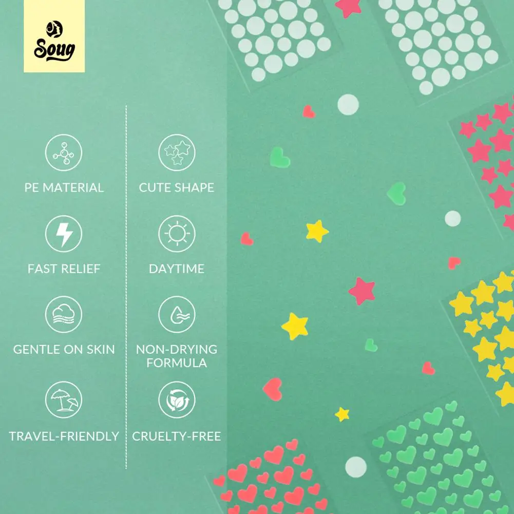 224 التهم الملونة بثرة بقع مستديرة/نجمة/شكل قلب العناية بالبشرة ملصقات غير مرئية حب الشباب غطاء الوجه بقعة بثرة التصحيح