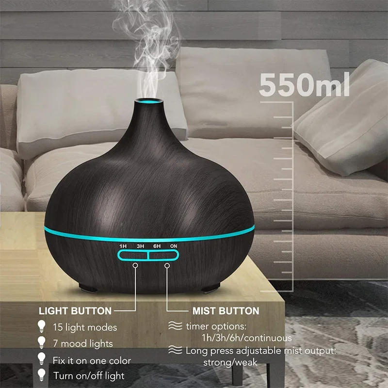 550ml Ultrasonic Air Humidifier Aromatherapy Diffuser with Remote Control LED Night Lamp