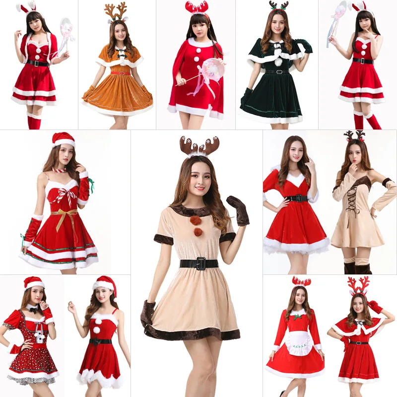 

New Year Red Dress Christmas Cosplay Santa Claus Costume for Women Holiday Party Velvet Dress Santa Hat Shawl Xmas Gift