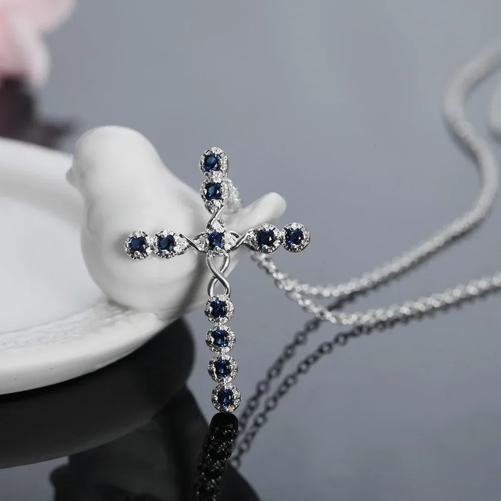Charms noble 925 Sterling Silver Blue crystal cross Pendant Necklace For Women Holiday gifts fashion Wedding party Jewelry