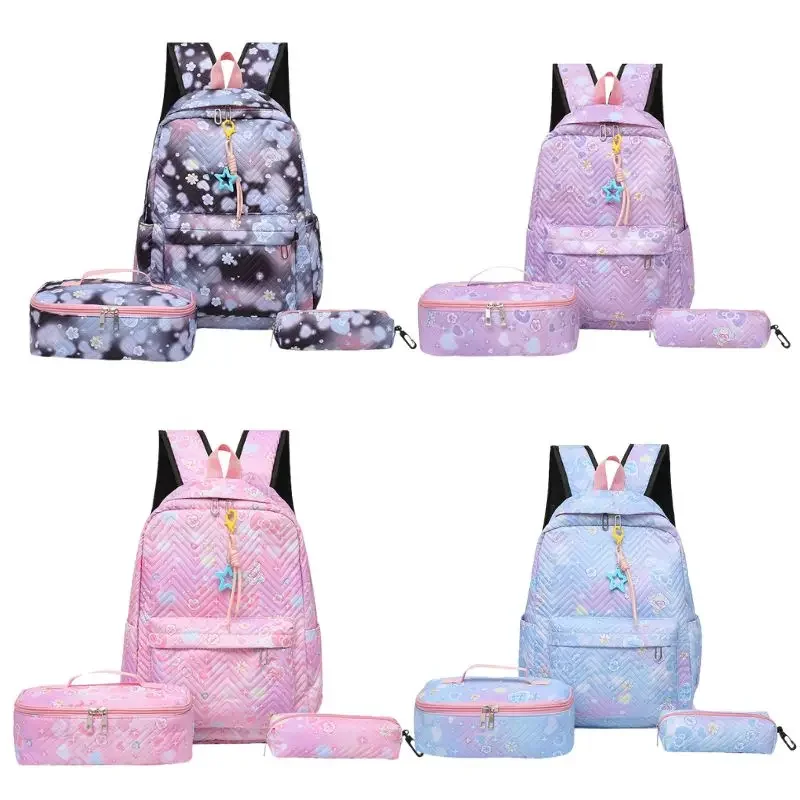New Design Flower Printed Primary Junior High University Bookbag Lunch Bag Pencil Case 3pcs Backpack Sets Youth School Backpack
