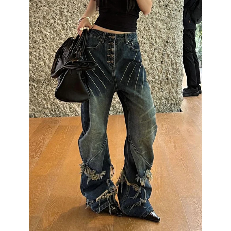 MEXZT Y2K 2000S Dziurawe Jeansy Damskie Vintage Streetwear Frędzle Szerokie Nogawki Denimowe Spodnie Grunge Gothic Harajuku Luźne Proste Spodnie