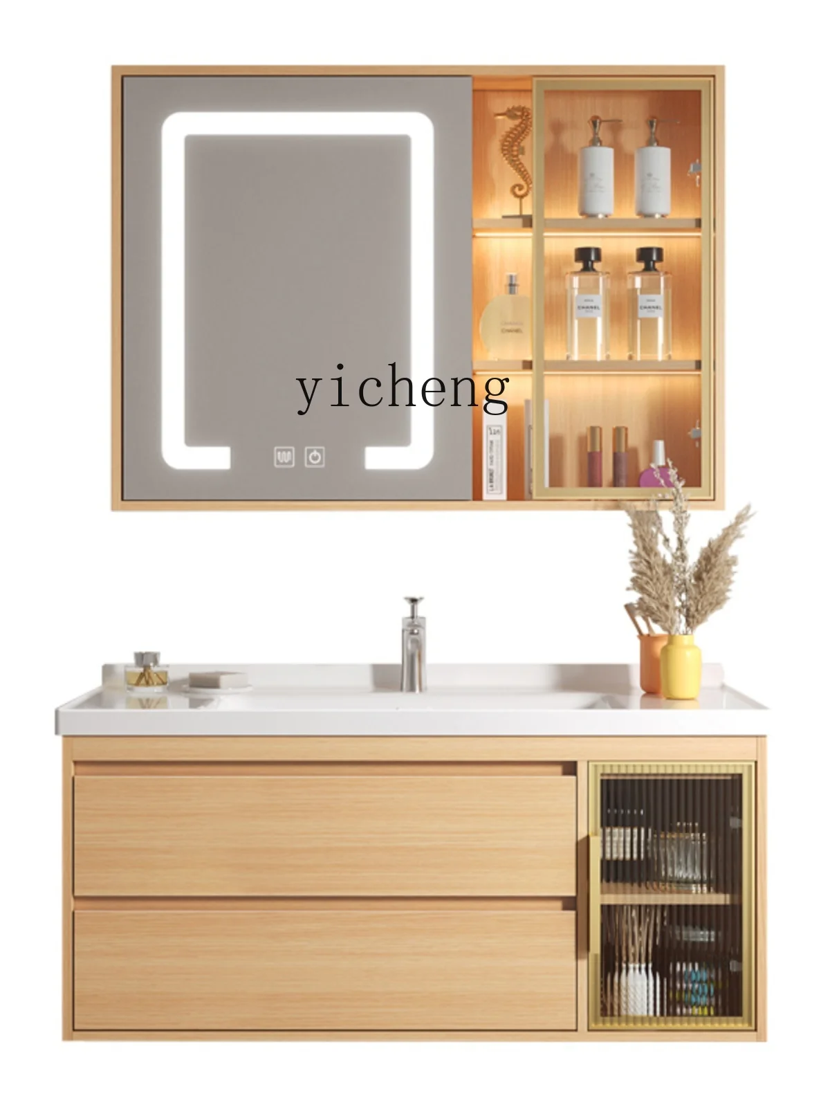 ZC Solid Wood Bathroom Cabinet Combination Bathroom Ceramic Integrated Hand Washing Washbasin Smart Bathroom Cabinet