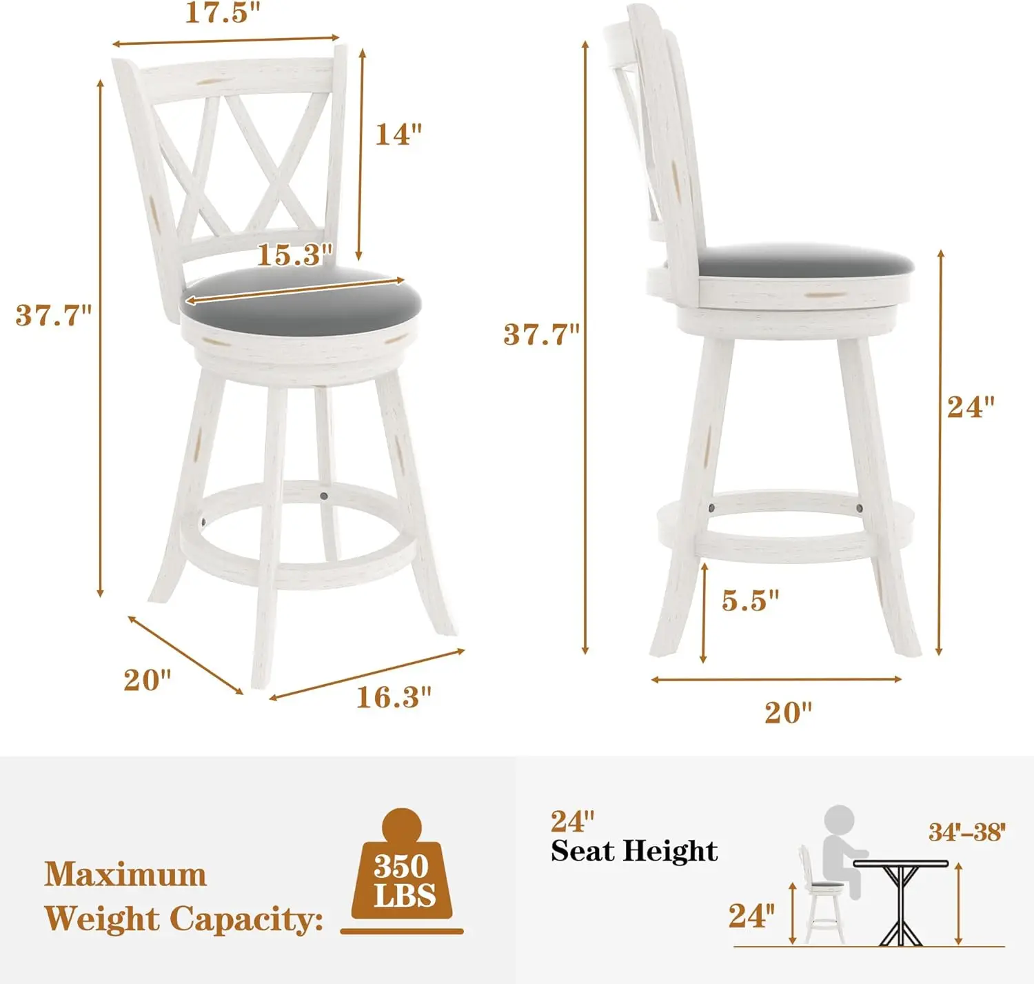 Tabourets de bar pivotants à hauteur de comptoir de 24 po – Tabourets de comptoir pivotants à dossier haut avec siège rembourré et repose-pieds en bois massif