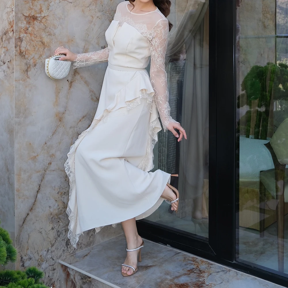 

Вечерние платья трапециевидной формы по индивидуальному заказу, длиной до щиколотки, с круглым вырезом и длинными рукавами, платье для выпускного вечера, простое модное кружевное драпированное повседневное вечернее платье с рюшами