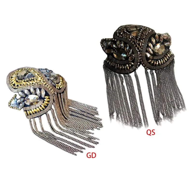 Women Children Handmade Shoulder Board Badge for Rhinestone Beaded Metal Chain Tassels Patch Appliques Epaulettes