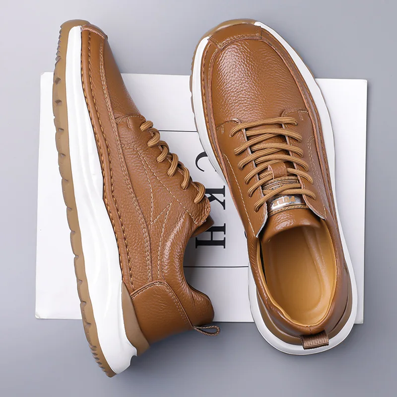 

New Men Genuine Leather Casual Shoes Street Cool Sport Shoes Pointed Toe Chunky Sneakers