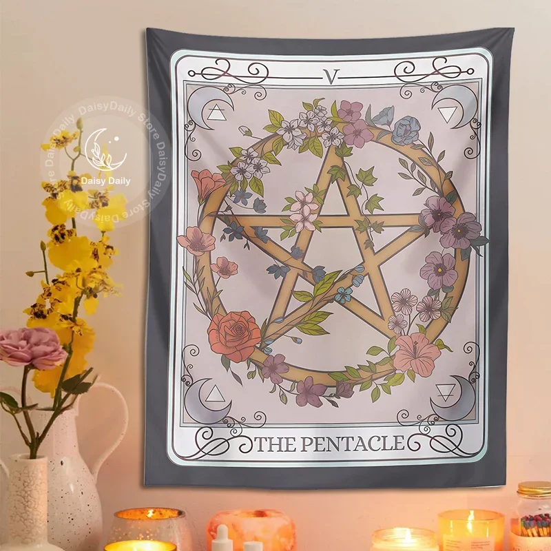 The Pentacle Tarot Tapestry Wall Hanging Witchy Forestcore Botanical Flower Magic Occult Symbol Boho Living Room Dorm Home Decor