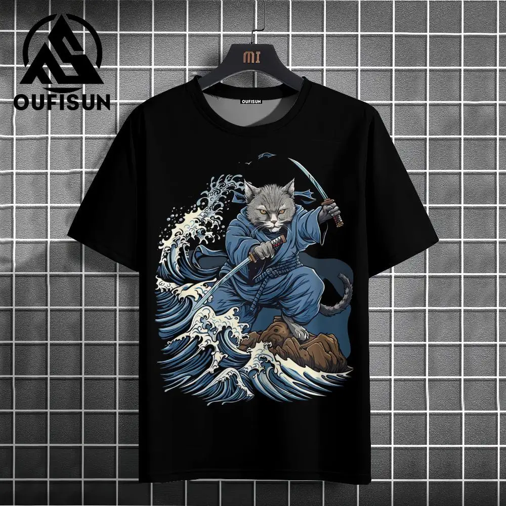 Samurai Cat T-Shirt For Men Japanese Shirts Black Short Sleeve Tees Tops Oversized Streetwear Casual Sweatshirt Men\'s Clothing