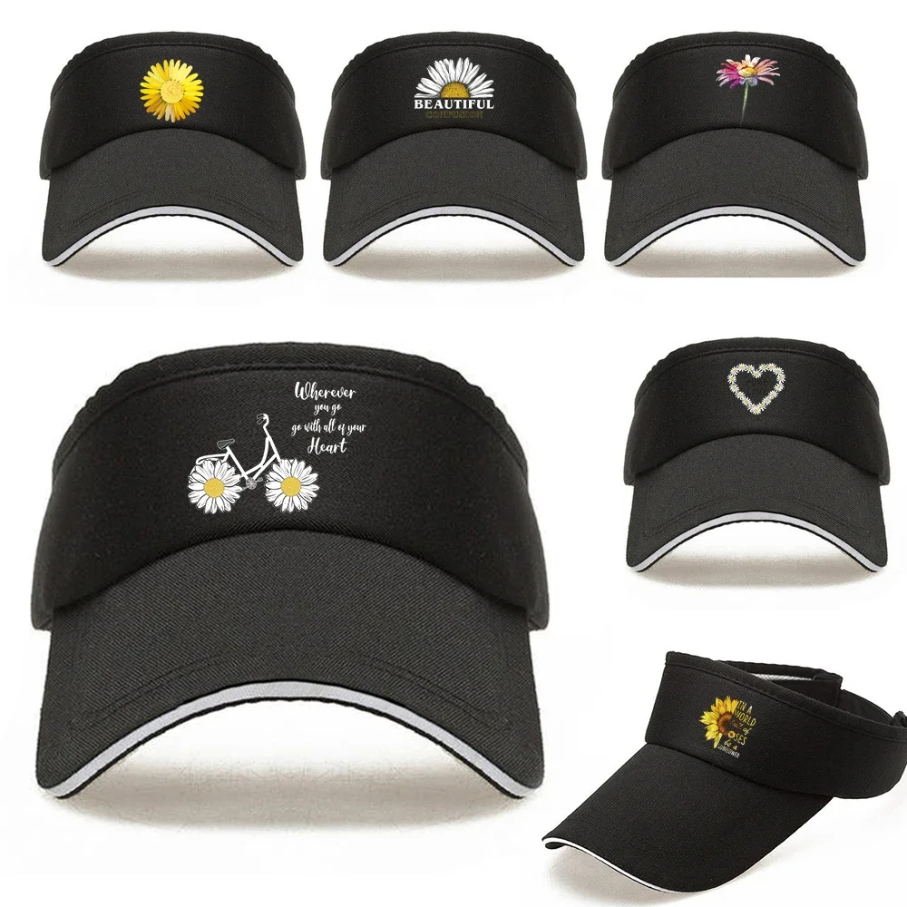 Women Summer Breathable UV-proof Cotton Empty Top Cap Sunscreen Visors Adjustable Daisy Print Hats Air Sun Hat Men Baseball Caps