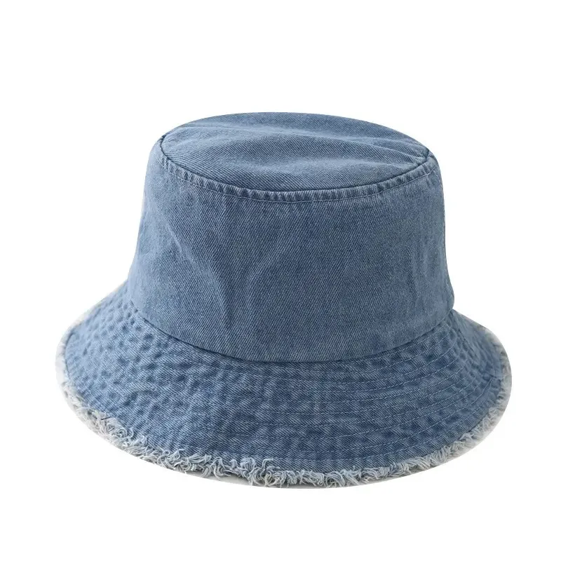 Women Denim Bucket Hat Frayed Raw Edge Sun Hat Vintage Washed Jean Wide Brim Caps Outdoor Travel Beach Fisherman Hats