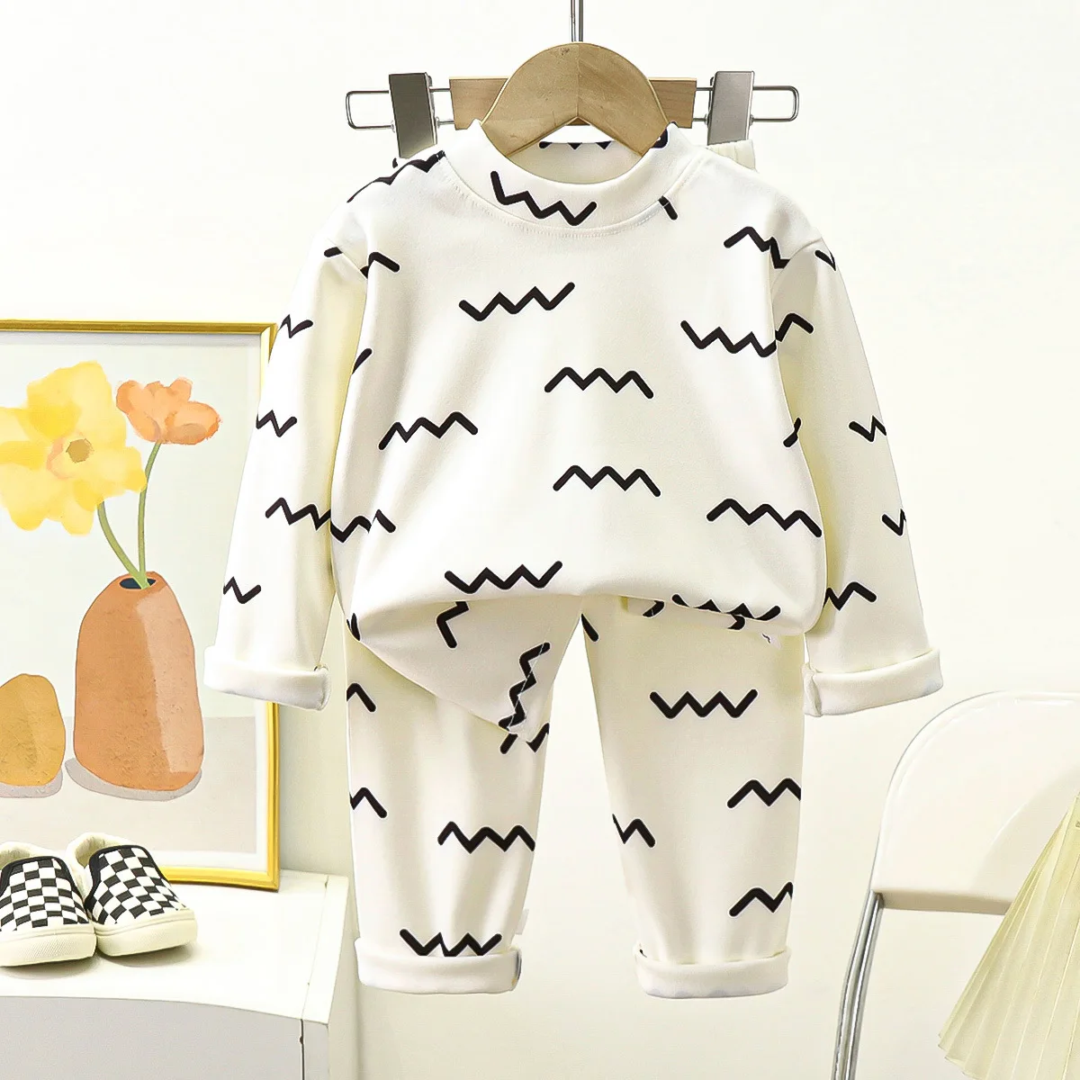 Kids Autumn Thicken Warm Pajamas Boys Girls Cute Cartoon Long Sleeve T-Shirt Tops + Pants Baby Sleepwear Underwear Clothing Sets
