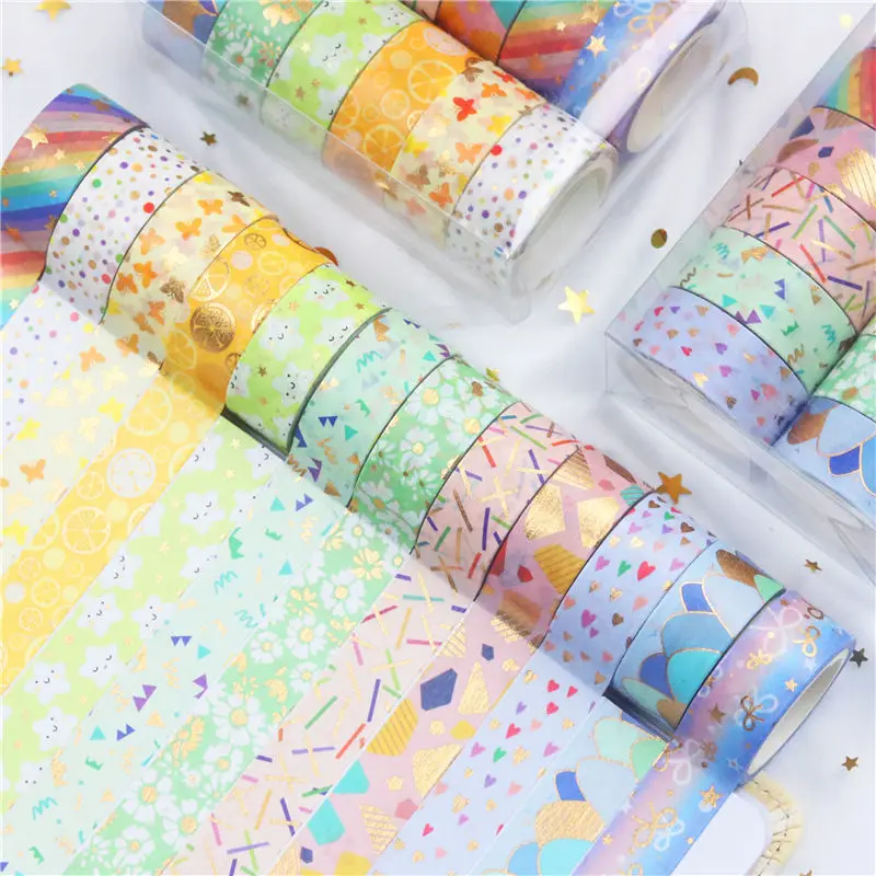 

Custom 12 Rolls Boxed Gold Foil Washi Tape Cute Candy Color Journal Stickers Border Decoration Colorful