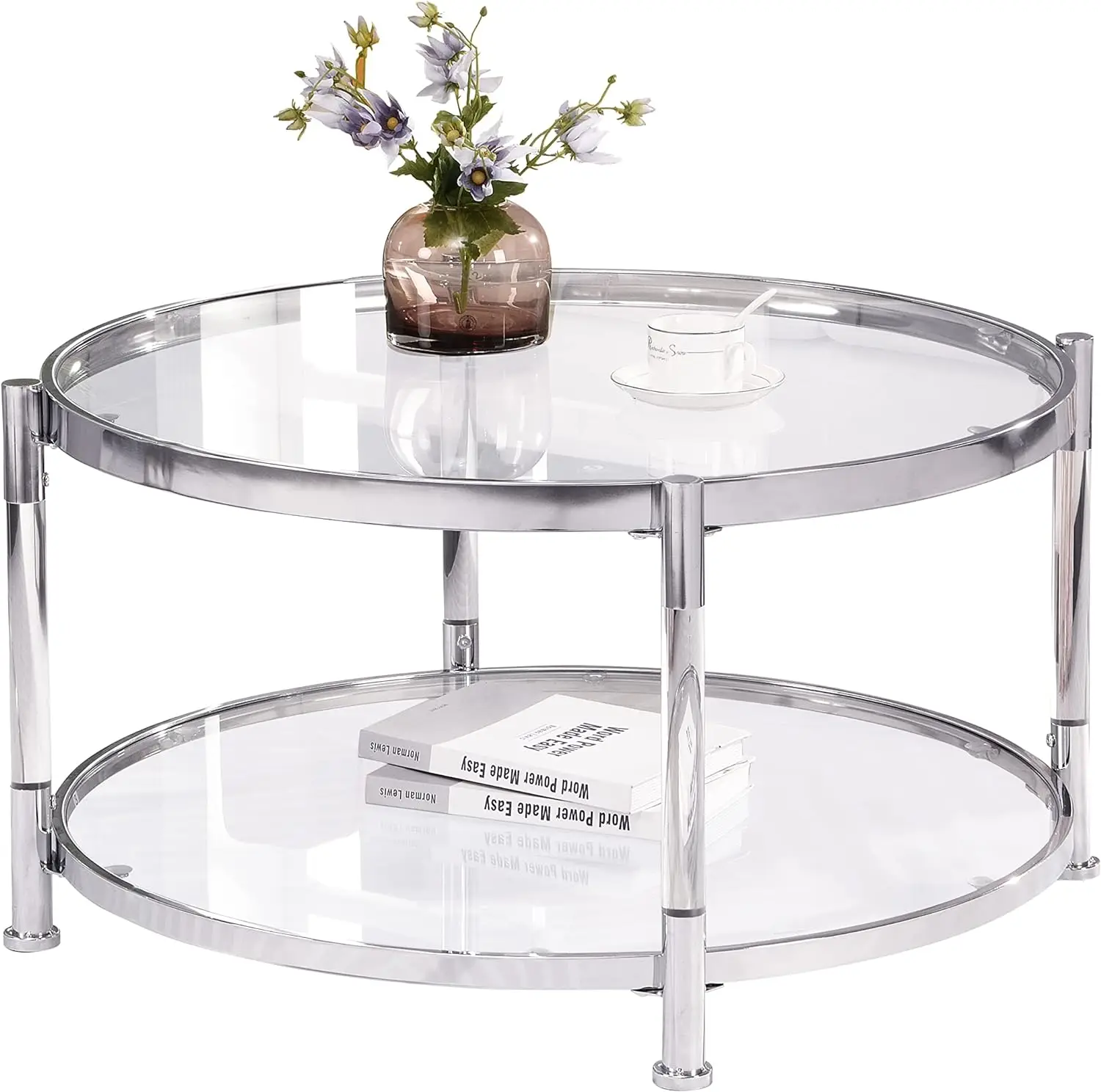 Lifesky Acrylic Glass Coffee Table - Round Coffee Tables With Metal Frame - Modern Tea Table For Living Room Chrome