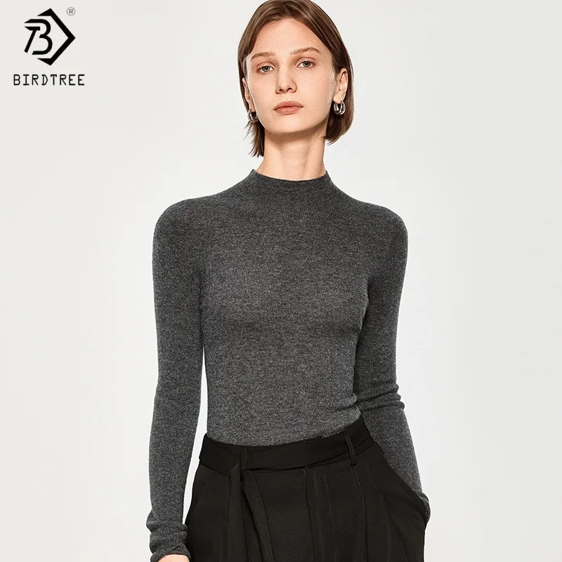 Birdtree 100% Sheep Wool Knitted Underwear,Women 16-needles Seamless Mock Neck Full Sleeve Sweater,2025 Autumn Pullover T59007JF