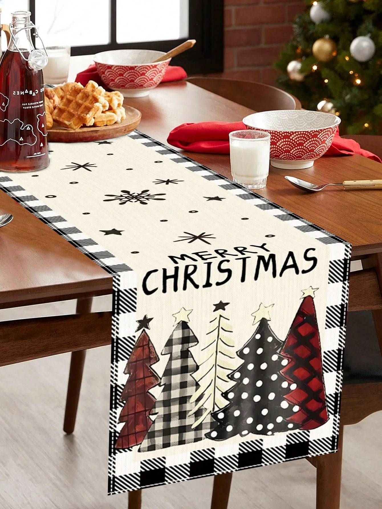Linen Christmas Table Runner Gray Black Plaid Tree Pattern Home Party New Year Decor Gift