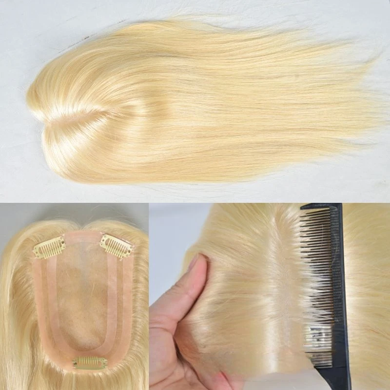 Hand Tied Human Hair Topper For Women Mono Pu Base 4x6inch 14inch Middle Part High Temperature Resistant