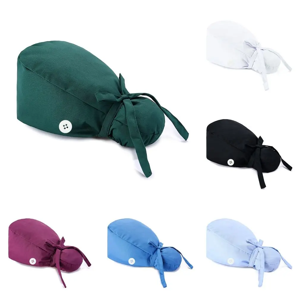 Gorros quirúrgicos ajustables para mujeres y hombres, gorro de trabajo, soporte para cola de caballo, sombreros de enfermería Bouffant con botones, turbante de pelo largo