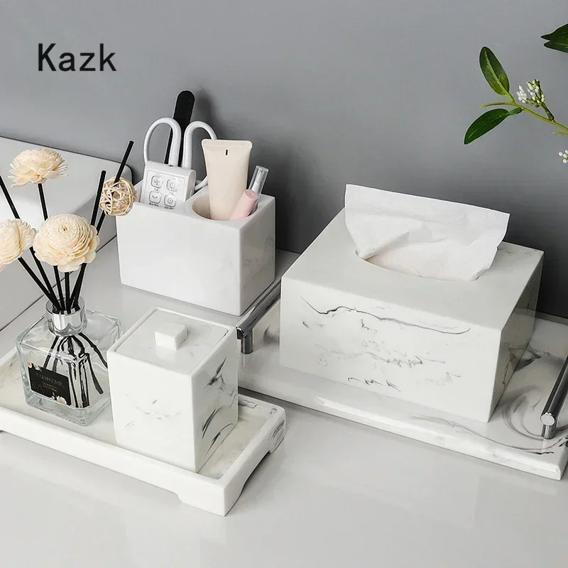 Luxurious White Ink Resin Bathroom Decoration Accessories Upscale 5 Piece Toothbrush Holder Shower Accessories Storage Tray