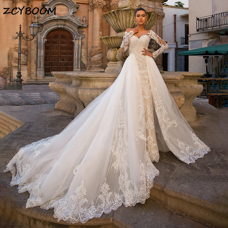 Sexy Mermaid Detachable Train 2 In 1 Wedding Dresses 2026 Sweetheart Long Sleeves Lace Appliques Bridal Gowns Vestidos De Novia