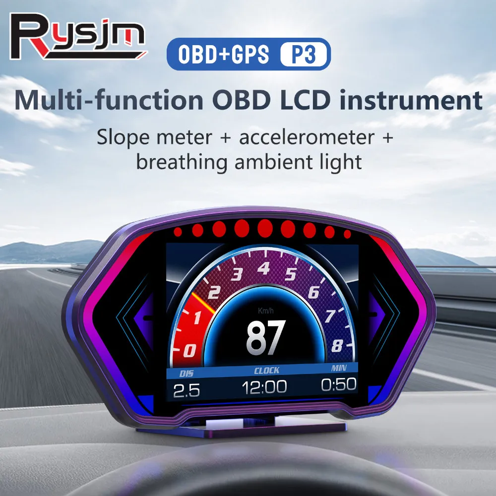 P3 HUD OBD2 GPS Car Head Up Display Windshield Car Speedometer Slope Gauge Overspeed Temperature Voltage RPM Security Alarm