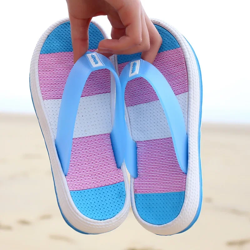 2021 Summer Dance Women Casual Massage Durable Flip Flops Beach Sandals Female Wedge Shoes Striped Lady Room Slippers