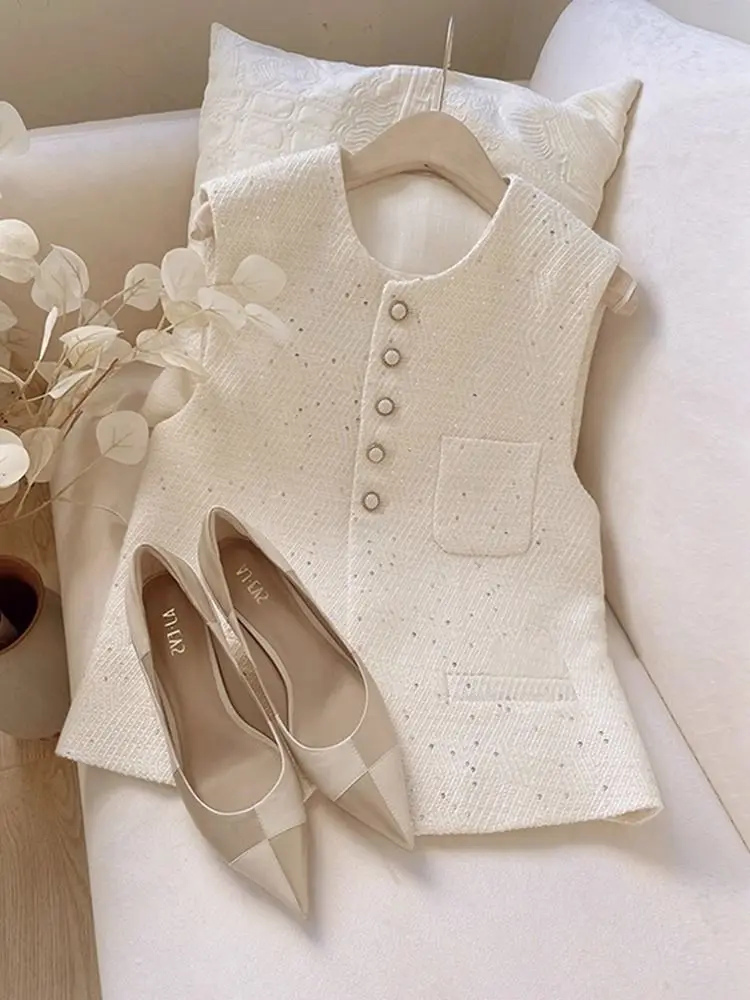 여성 스팽글 조끼 오피스룩 캐주얼 민소매 탑 2025 가을 신상 패션 의상