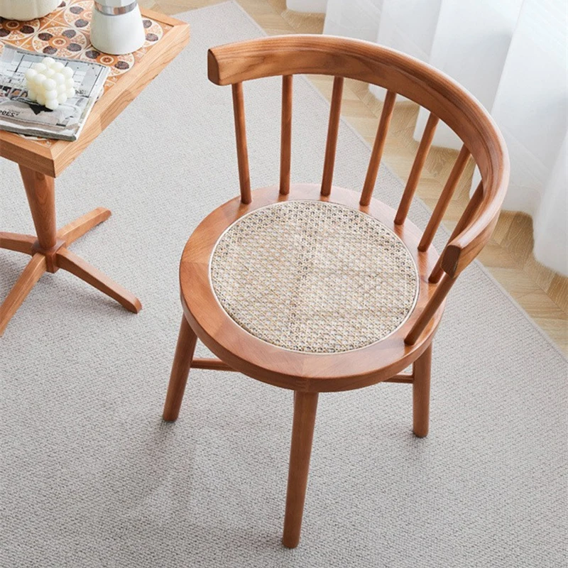 Household Retro Round Rattan Woven Dining Chair Bedroom Backrest Makeup Stool Cafe Leisure Solid Wood Chair