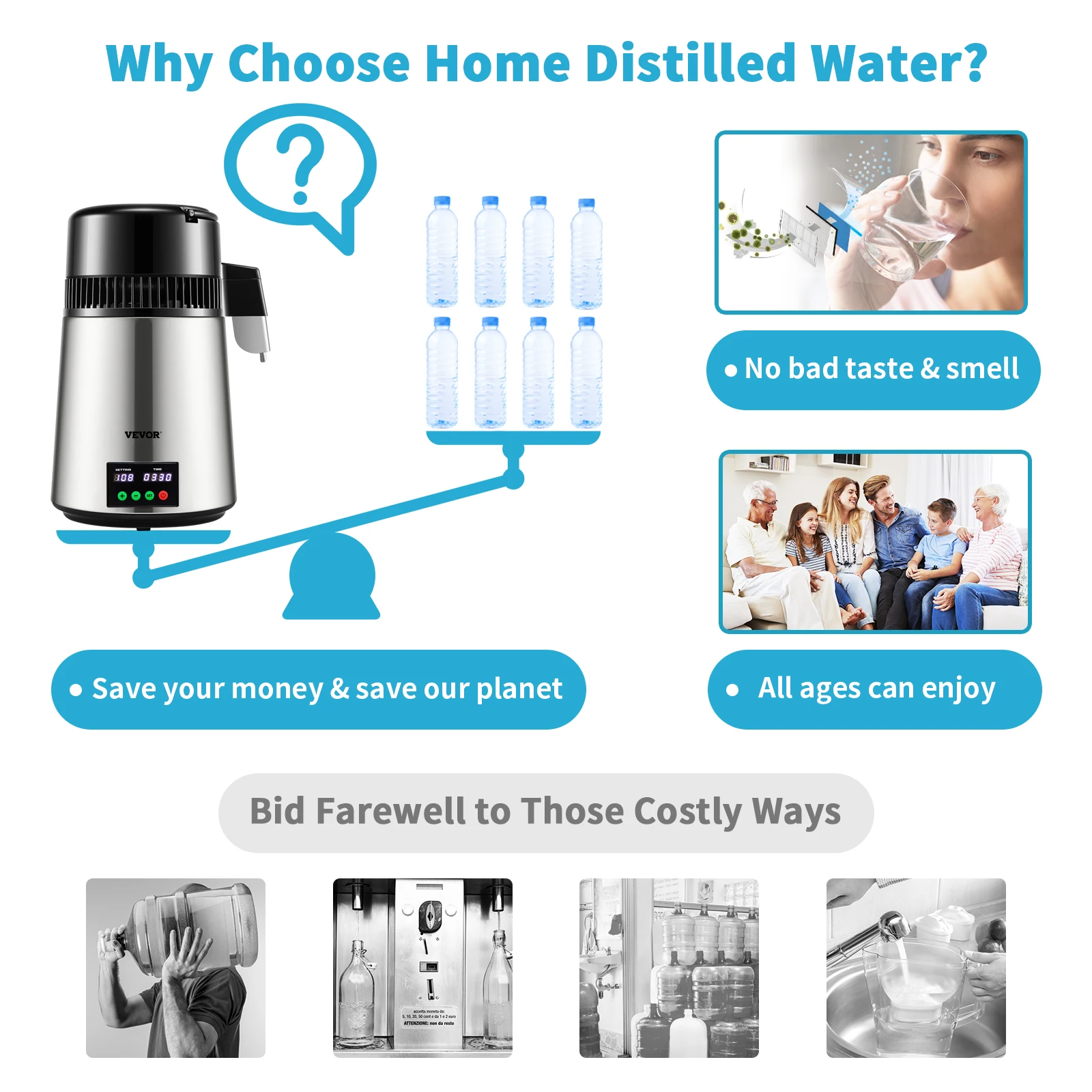 VEVOR 4L Water Distiller Purifier Filter 1 L/H Distilling Speed Dispenser Drinking Bottle Softener Touch Screen Home Appliance