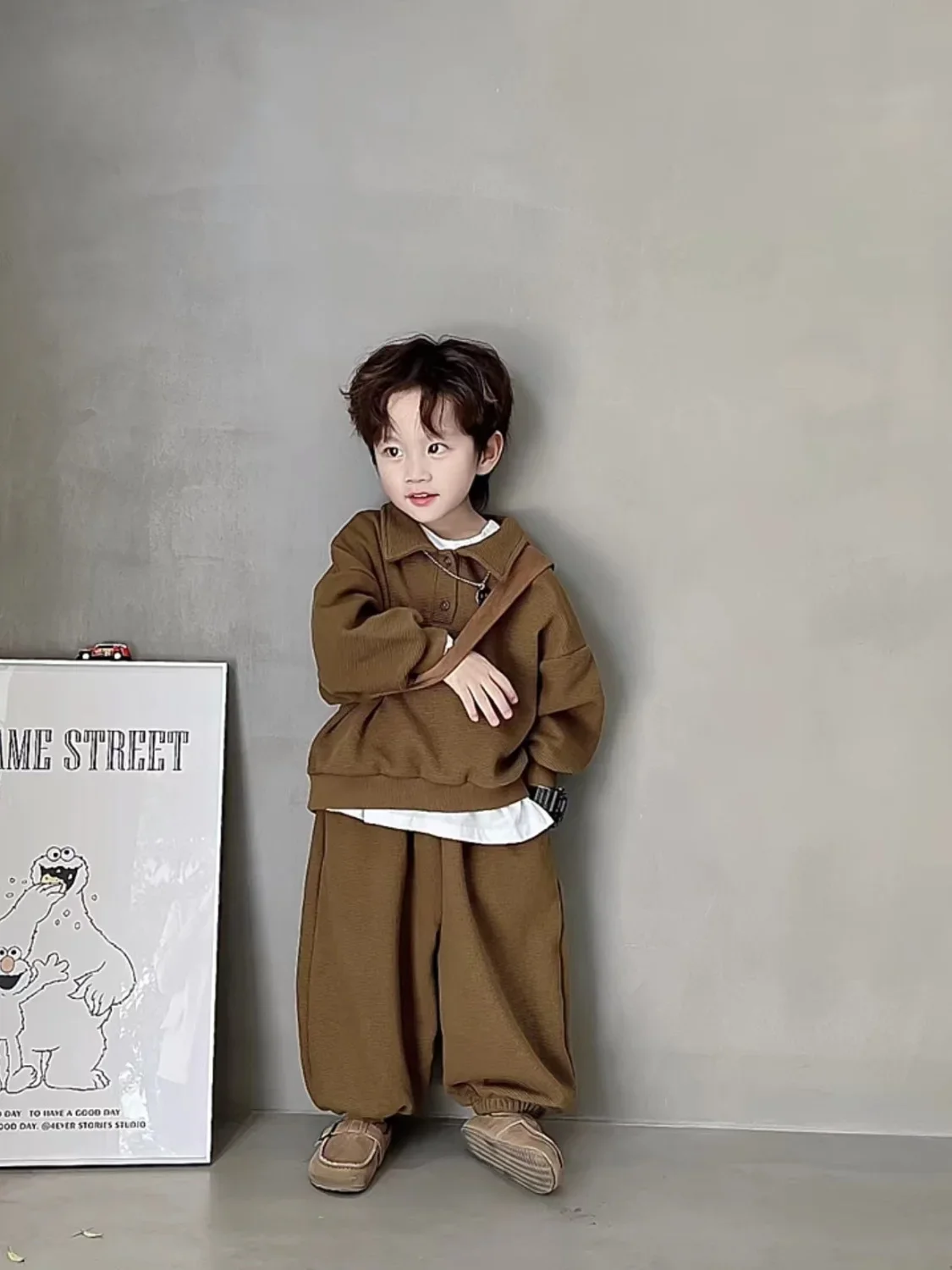 

Autumn Children's Sets Korean Boys Girls' Waffle Set 2024 Cool Sweater Pant 2Pcs Set Brown Color Children's Sports Suit