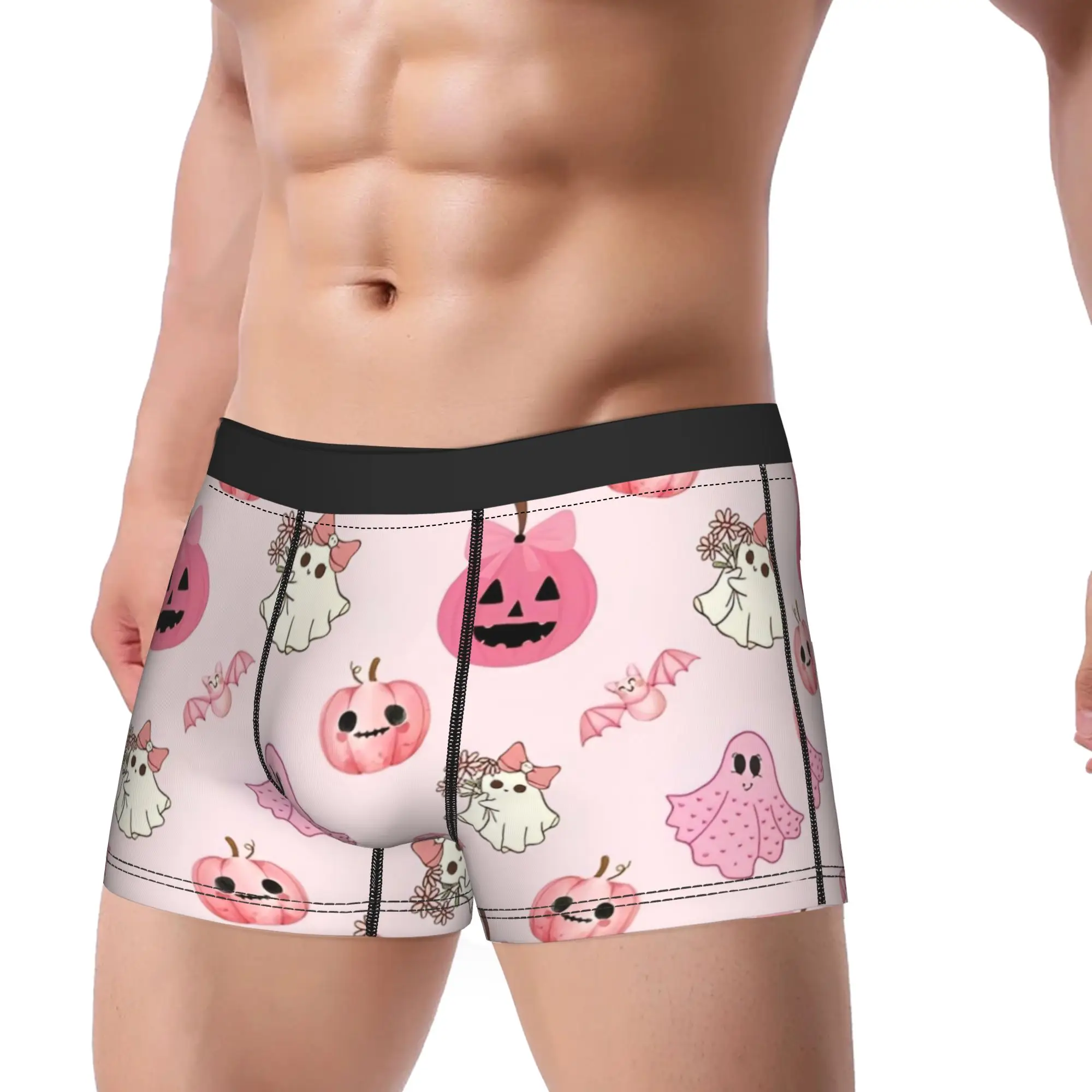 Men Pink Halloween Boxer Briefs Shorts Panties Breathable Underwear Cute Ghosts Pumpkin Homme Humor Plus Size Underpants