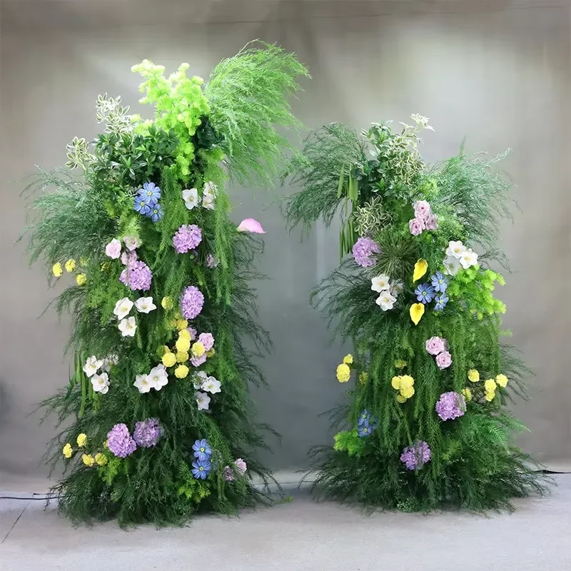 Rustic Wrought Iron Wedding Arch with Ox Horn Decor Forest Style Hydrangea Reed Flower Centerpiece for Outdoor Lawn Ceremony