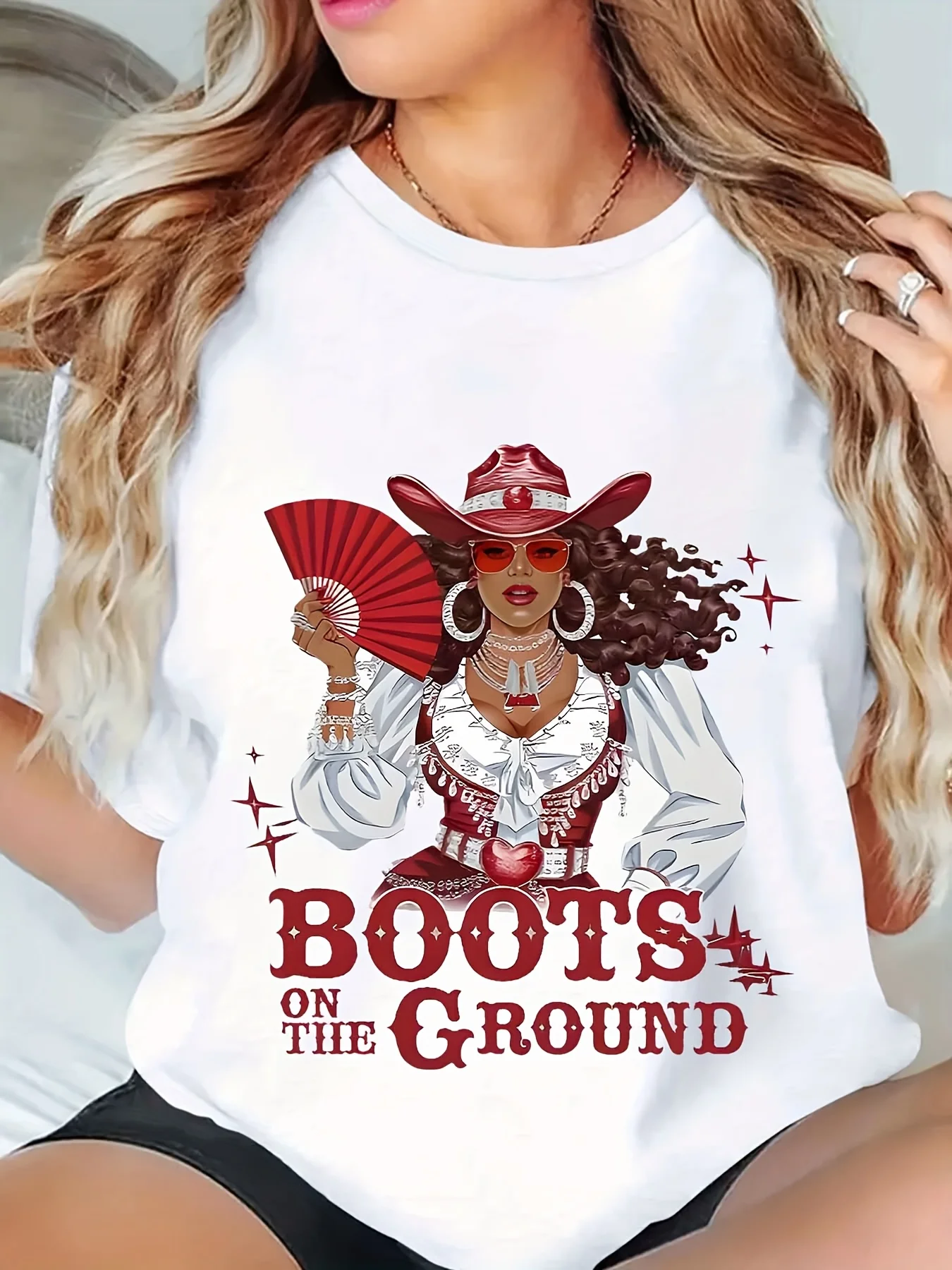 

Women'S Western Women Graphic T-Shirt-"Where Them Fans At Boots On The Ground" Design with VibrantGeometric Patterns